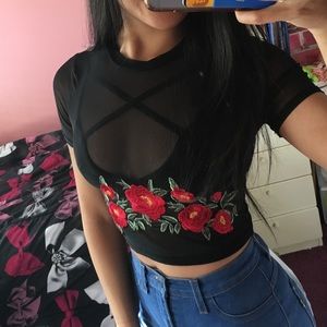 Sheer T-shirt crop top with roses
